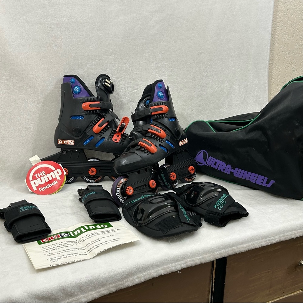 Reebok The Pump CCM Inlines Skates Roller Hockey Blades TT 7354 Size 6 Pads Bag